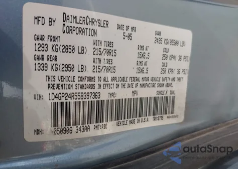 2005 Dodge Grand Caravan Se z USA, uszkodzony, nr VIN 1D4GP24R55B397363